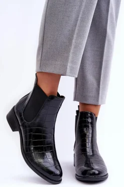 Sale Skórzane Botki Sztyblety Zwierzęcy Wzór Czarne Daina Damskie Czarne Botki|Botki Zimowe Damskie