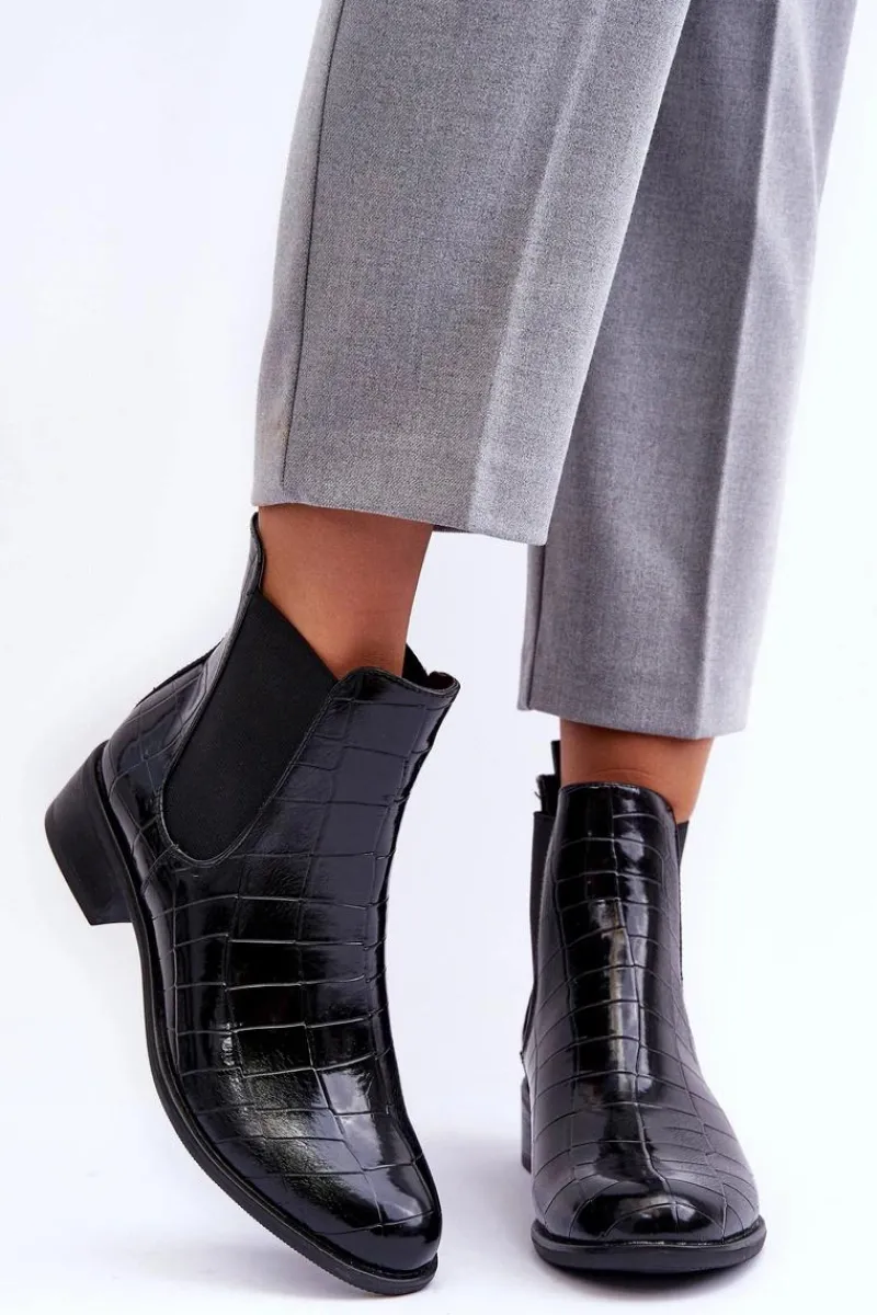 Sale Skórzane Botki Sztyblety Zwierzęcy Wzór Czarne Daina Damskie Czarne Botki|Botki Zimowe Damskie