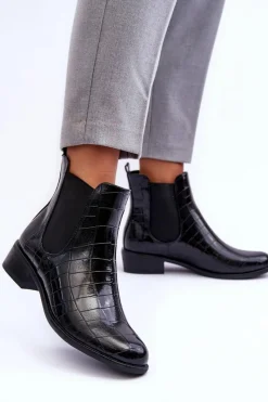 Sale Skórzane Botki Sztyblety Zwierzęcy Wzór Czarne Daina Damskie Czarne Botki|Botki Zimowe Damskie