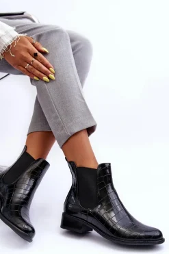 Sale Skórzane Botki Sztyblety Zwierzęcy Wzór Czarne Daina Damskie Czarne Botki|Botki Zimowe Damskie