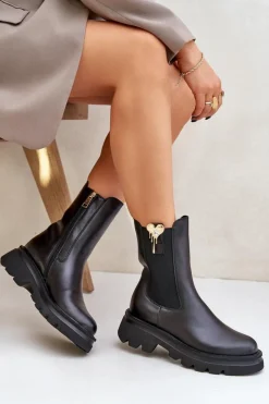 Clearance Skórzane Botki Sztyblety z Ozdobą 4537 Czarne Damskie Botki Ocieplane|Botki Skórzane