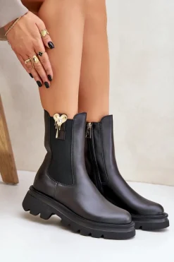 Clearance Skórzane Botki Sztyblety z Ozdobą 4537 Czarne Damskie Botki Ocieplane|Botki Skórzane