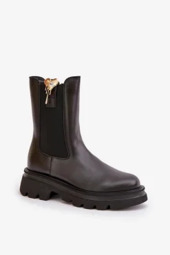 Clearance Skórzane Botki Sztyblety z Ozdobą 4537 Czarne Damskie Botki Ocieplane|Botki Skórzane