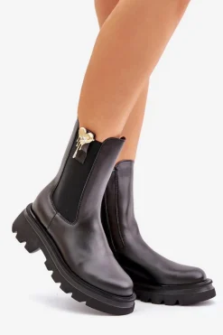 Clearance Skórzane Botki Sztyblety z Ozdobą 4537 Czarne Damskie Botki Ocieplane|Botki Skórzane