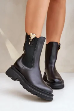 Clearance Skórzane Botki Sztyblety z Ozdobą 4537 Czarne Damskie Botki Ocieplane|Botki Skórzane
