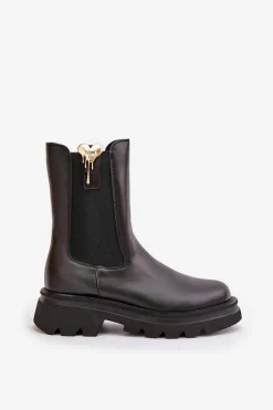 Clearance Skórzane Botki Sztyblety z Ozdobą 4537 Czarne Damskie Botki Ocieplane|Botki Skórzane