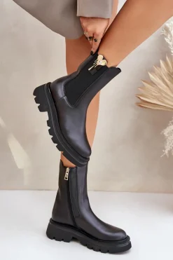 Clearance Skórzane Botki Sztyblety z Ozdobą 4537 Czarne Damskie Botki Ocieplane|Botki Skórzane