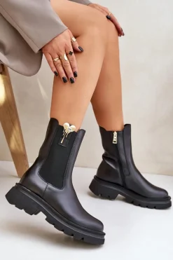 Clearance Skórzane Botki Sztyblety z Ozdobą 4537 Czarne Damskie Botki Ocieplane|Botki Skórzane