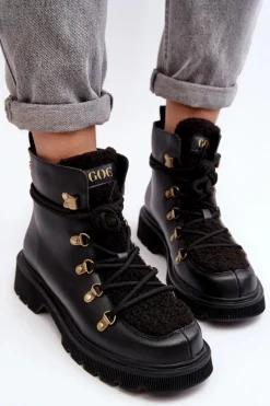 Botki Ocieplane|Damskie Trapery></noscript>GOE Skórzane Botki Trapery Damskie MM2N4082 Czarne Czarny