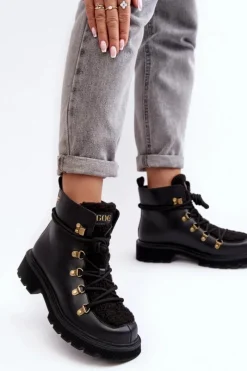 Botki Ocieplane|Damskie Trapery></noscript>GOE Skórzane Botki Trapery Damskie MM2N4082 Czarne Czarny