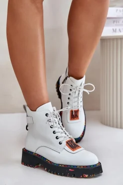 Online Skórzane Botki Trapery Damskie Na Zamek 55C0515 Białe Damskie Botki Ocieplane|Damskie Trapery