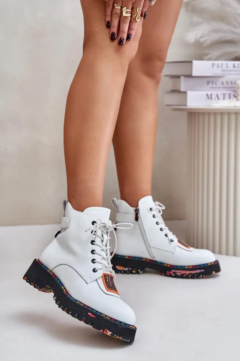 Online Skórzane Botki Trapery Damskie Na Zamek 55C0515 Białe Damskie Botki Ocieplane|Damskie Trapery