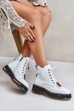 Online Skórzane Botki Trapery Damskie Na Zamek 55C0515 Białe Damskie Botki Ocieplane|Damskie Trapery