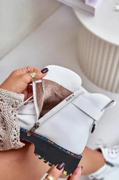 Online Skórzane Botki Trapery Damskie Na Zamek 55C0515 Białe Damskie Botki Ocieplane|Damskie Trapery