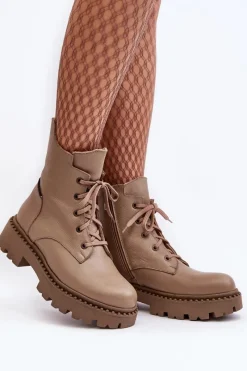 Discount Zazoo Skórzane Botki Trapery Damskie Na Suwak 949P Ciemnobeżowe