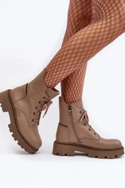 Discount Zazoo Skórzane Botki Trapery Damskie Na Suwak 949P Ciemnobeżowe