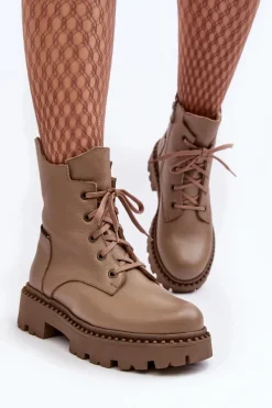 Discount Zazoo Skórzane Botki Trapery Damskie Na Suwak 949P Ciemnobeżowe