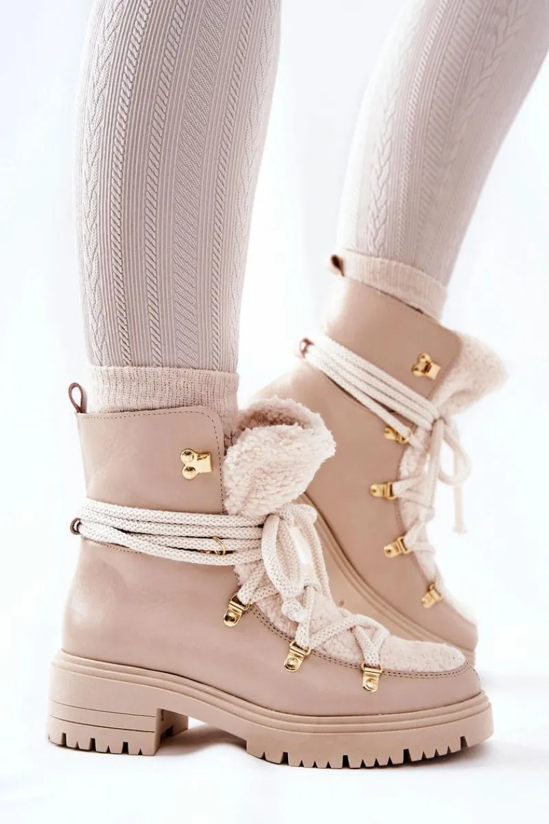 Hot Skórzane Botki Trapery Wiązane Lewski Jasnobeżowe 3116 Damskie Damskie Trapery|Botki Skórzane