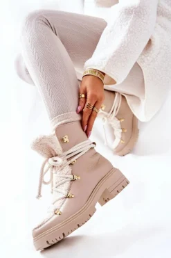 Hot Skórzane Botki Trapery Wiązane Lewski Jasnobeżowe 3116 Damskie Damskie Trapery|Botki Skórzane