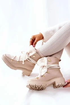 Hot Skórzane Botki Trapery Wiązane Lewski Jasnobeżowe 3116 Damskie Damskie Trapery|Botki Skórzane