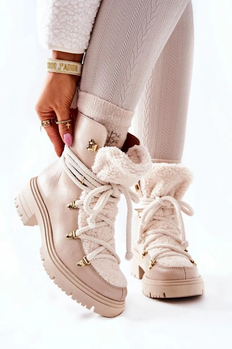 Hot Skórzane Botki Trapery Wiązane Lewski Jasnobeżowe 3116 Damskie Damskie Trapery|Botki Skórzane