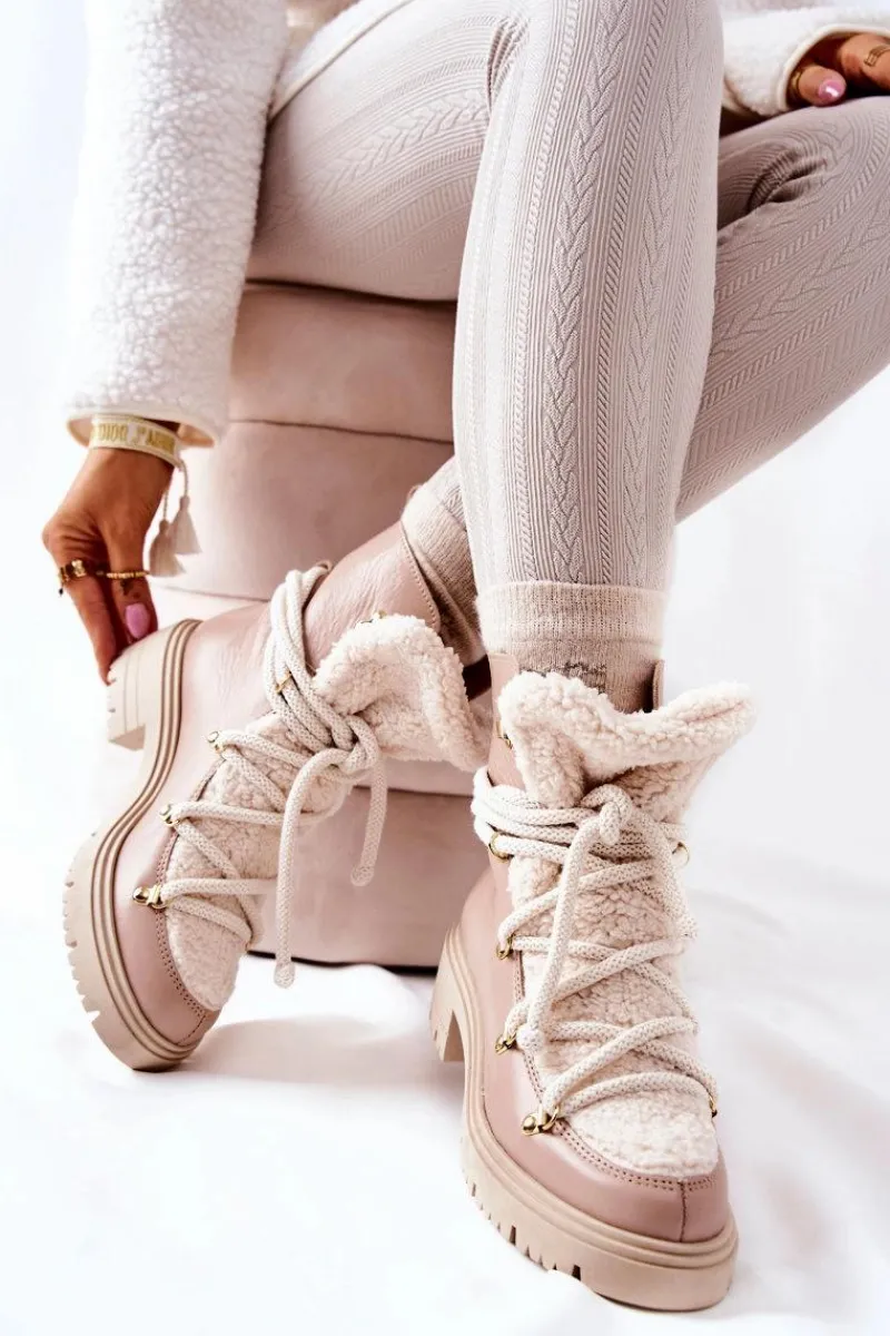 Skórzane Botki Trapery Wiązane Lewski Beżowe 3116 Damskie Damskie Trapery|Botki Skórzane