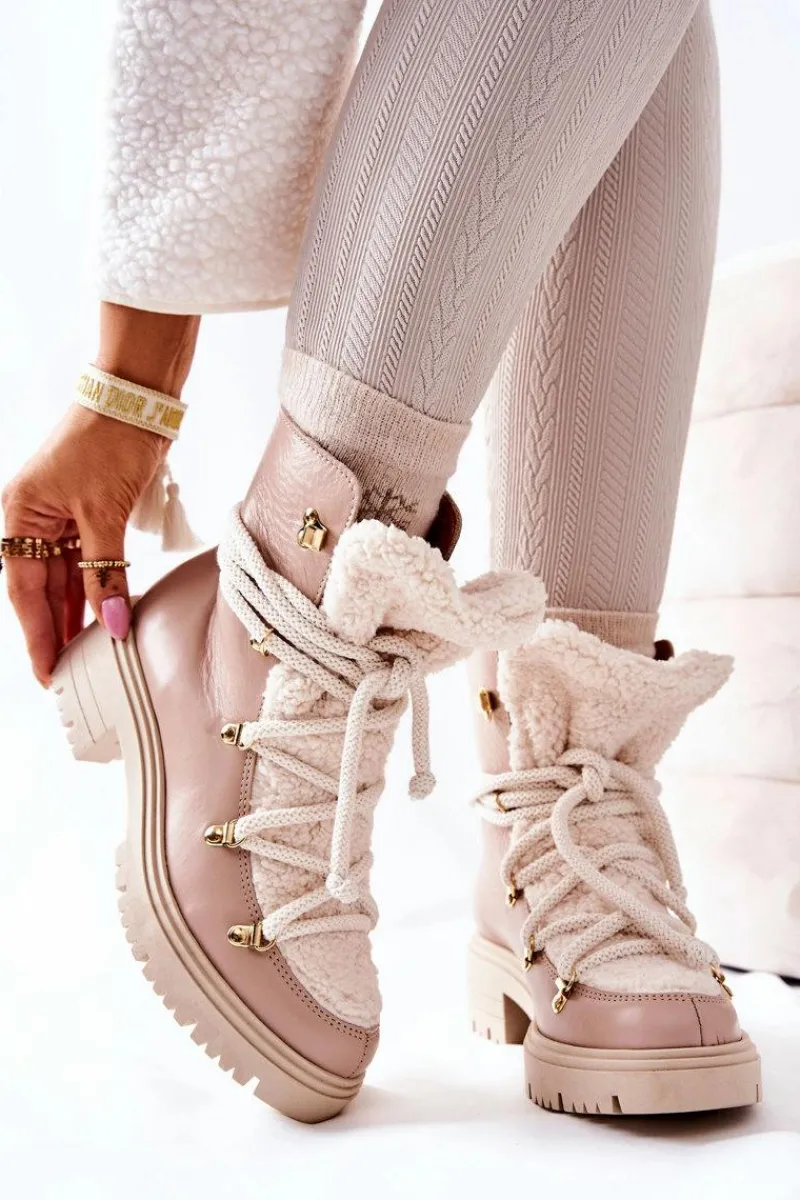 Skórzane Botki Trapery Wiązane Lewski Beżowe 3116 Damskie Damskie Trapery|Botki Skórzane