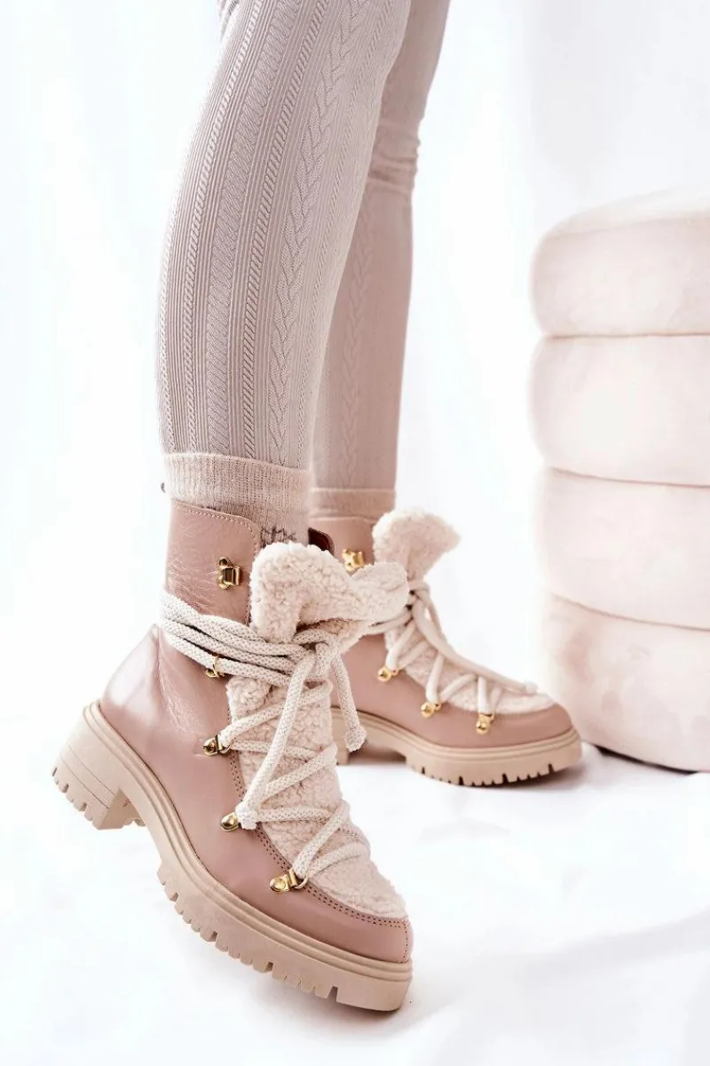 Skórzane Botki Trapery Wiązane Lewski Beżowe 3116 Damskie Damskie Trapery|Botki Skórzane