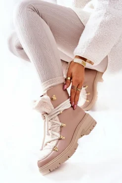 Skórzane Botki Trapery Wiązane Lewski Beżowe 3116 Damskie Damskie Trapery|Botki Skórzane