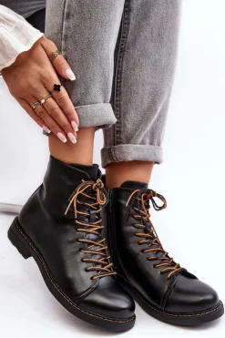 Clearance Skórzane Botki Trzewiki Damskie Czarne Ethel Damskie Czarne Botki|Botki Płaskie