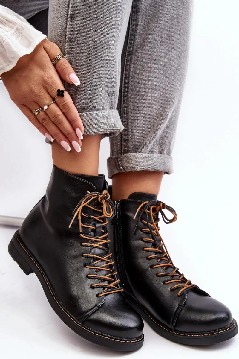 Clearance Skórzane Botki Trzewiki Damskie Czarne Ethel Damskie Czarne Botki|Botki Płaskie