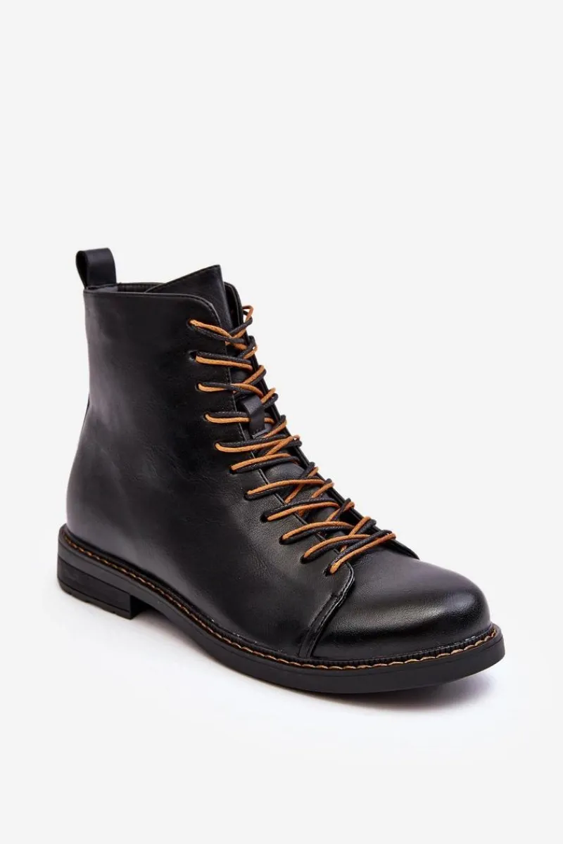 Clearance Skórzane Botki Trzewiki Damskie Czarne Ethel Damskie Czarne Botki|Botki Płaskie