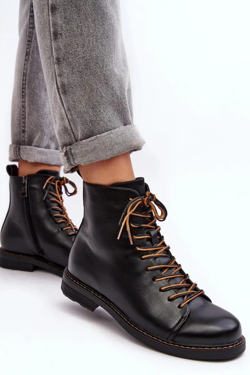 Clearance Skórzane Botki Trzewiki Damskie Czarne Ethel Damskie Czarne Botki|Botki Płaskie