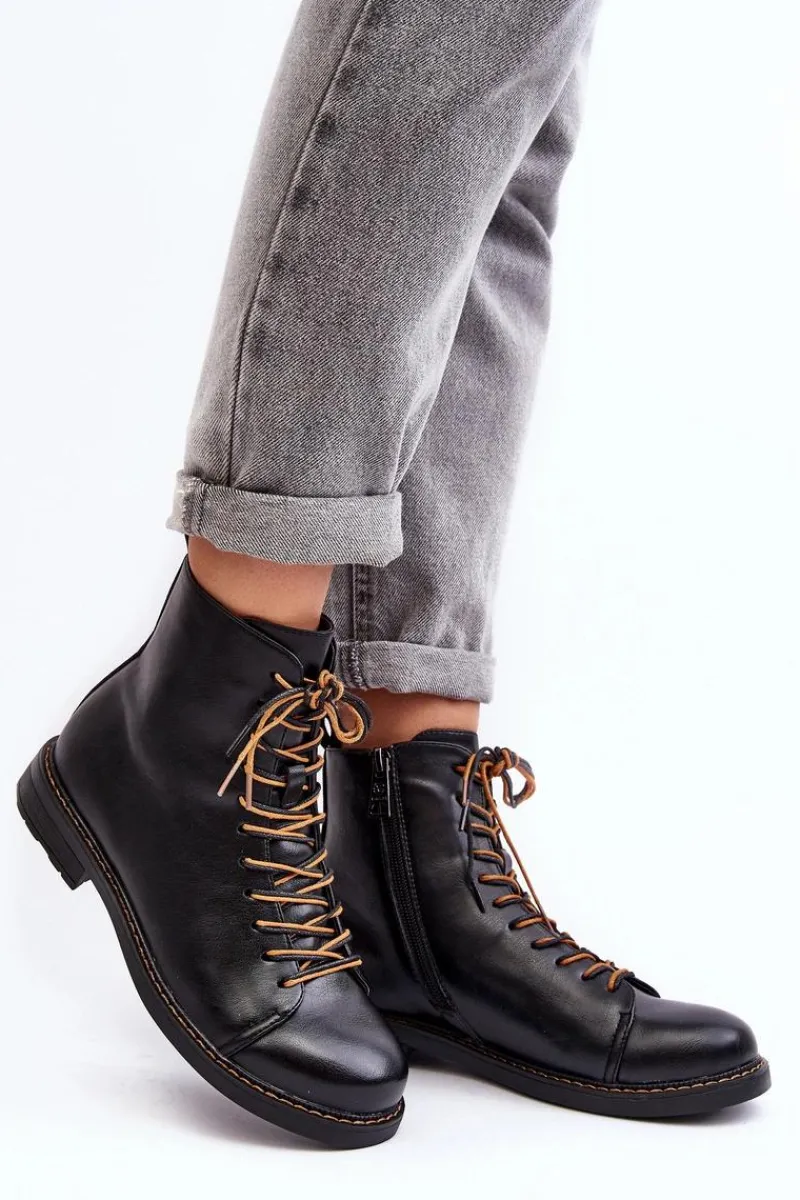 Clearance Skórzane Botki Trzewiki Damskie Czarne Ethel Damskie Czarne Botki|Botki Płaskie