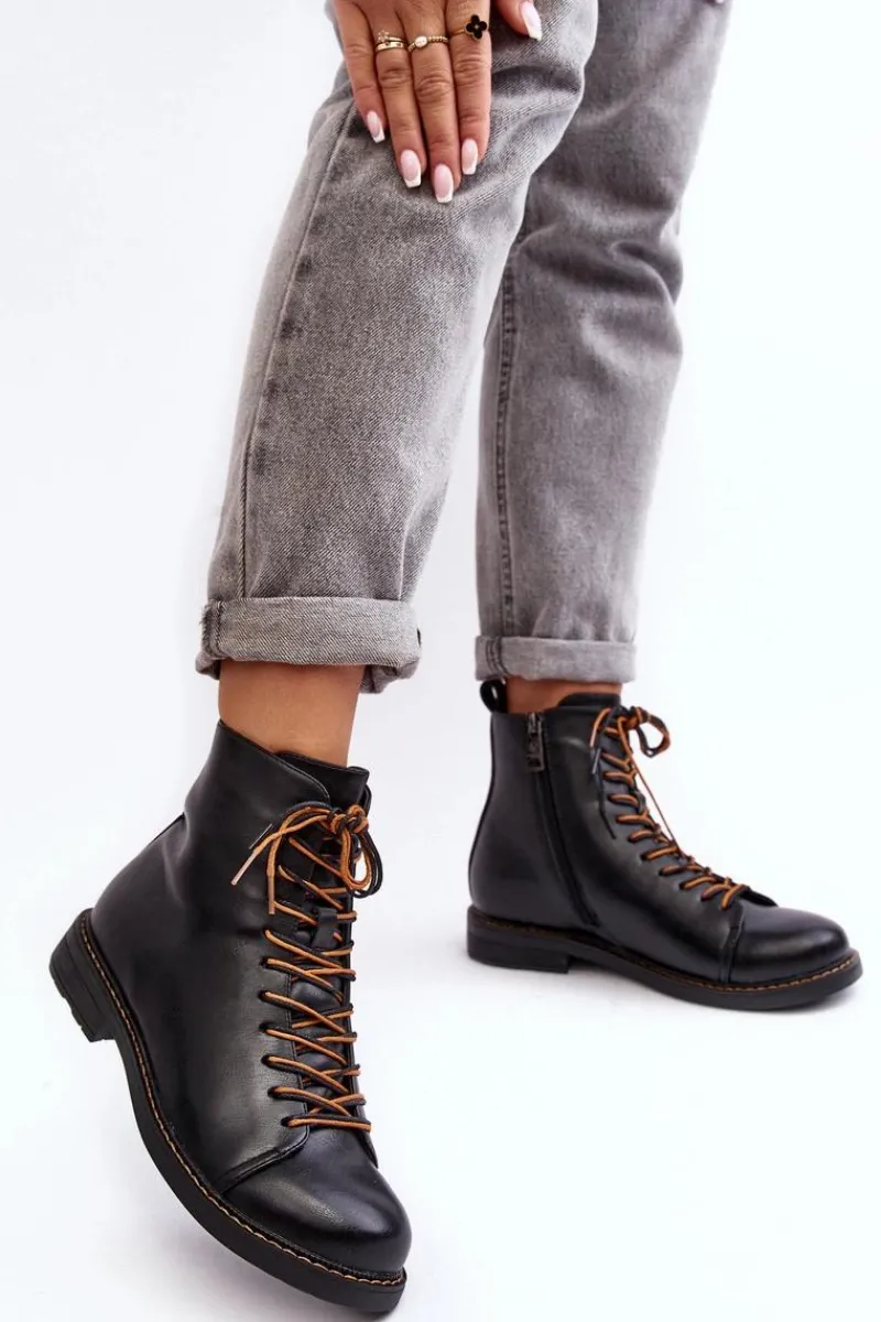 Clearance Skórzane Botki Trzewiki Damskie Czarne Ethel Damskie Czarne Botki|Botki Płaskie