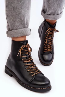 Clearance Skórzane Botki Trzewiki Damskie Czarne Ethel Damskie Czarne Botki|Botki Płaskie