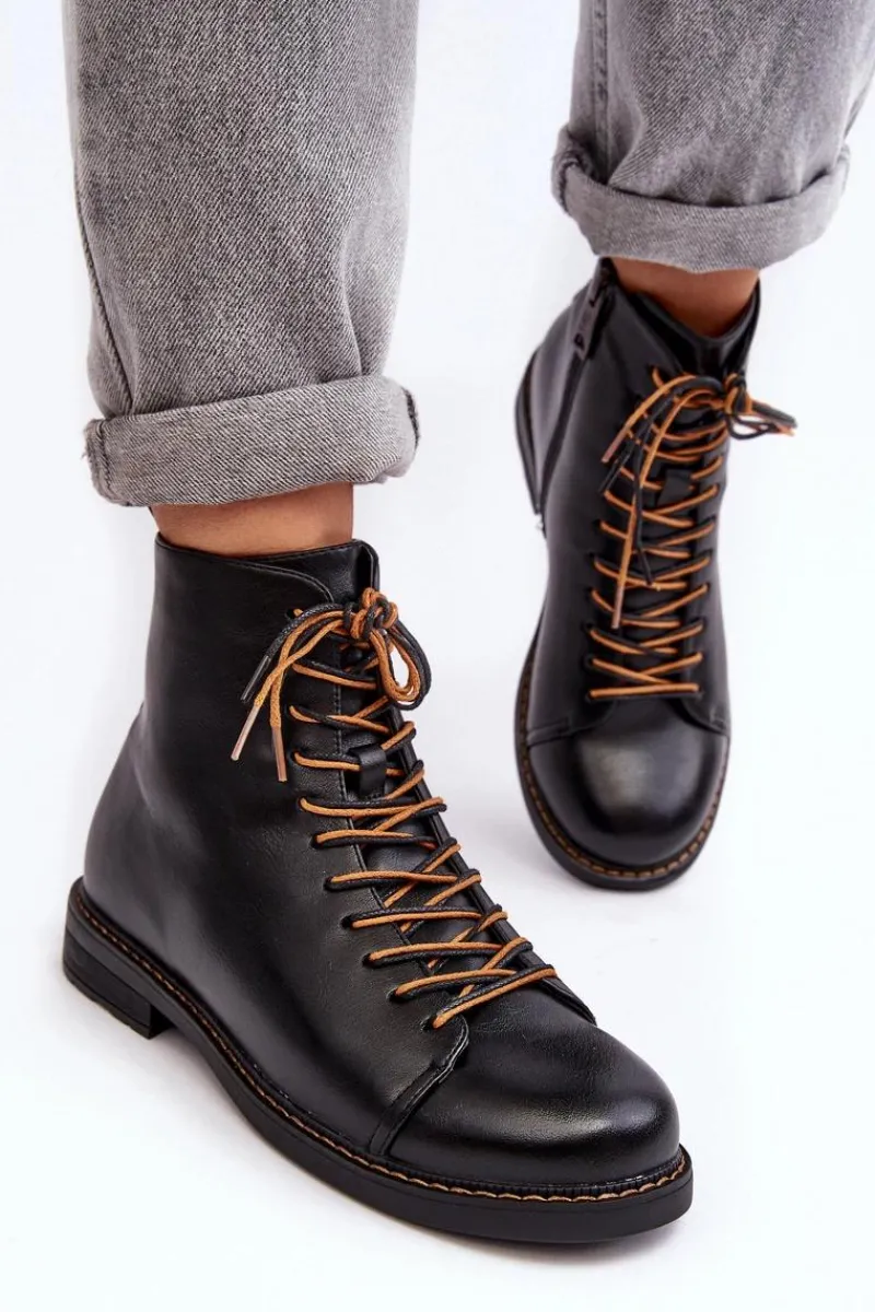 Clearance Skórzane Botki Trzewiki Damskie Czarne Ethel Damskie Czarne Botki|Botki Płaskie