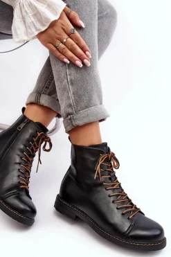 Clearance Skórzane Botki Trzewiki Damskie Czarne Ethel Damskie Czarne Botki|Botki Płaskie