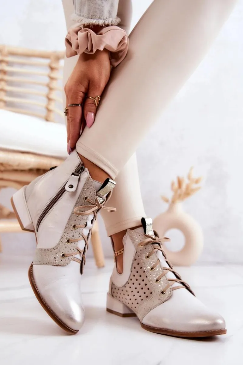 Sale Skórzane Botki Trzewiki 05541-25 Jasnobeżowe Damskie Botki Wiosenne|Botki Maciejka