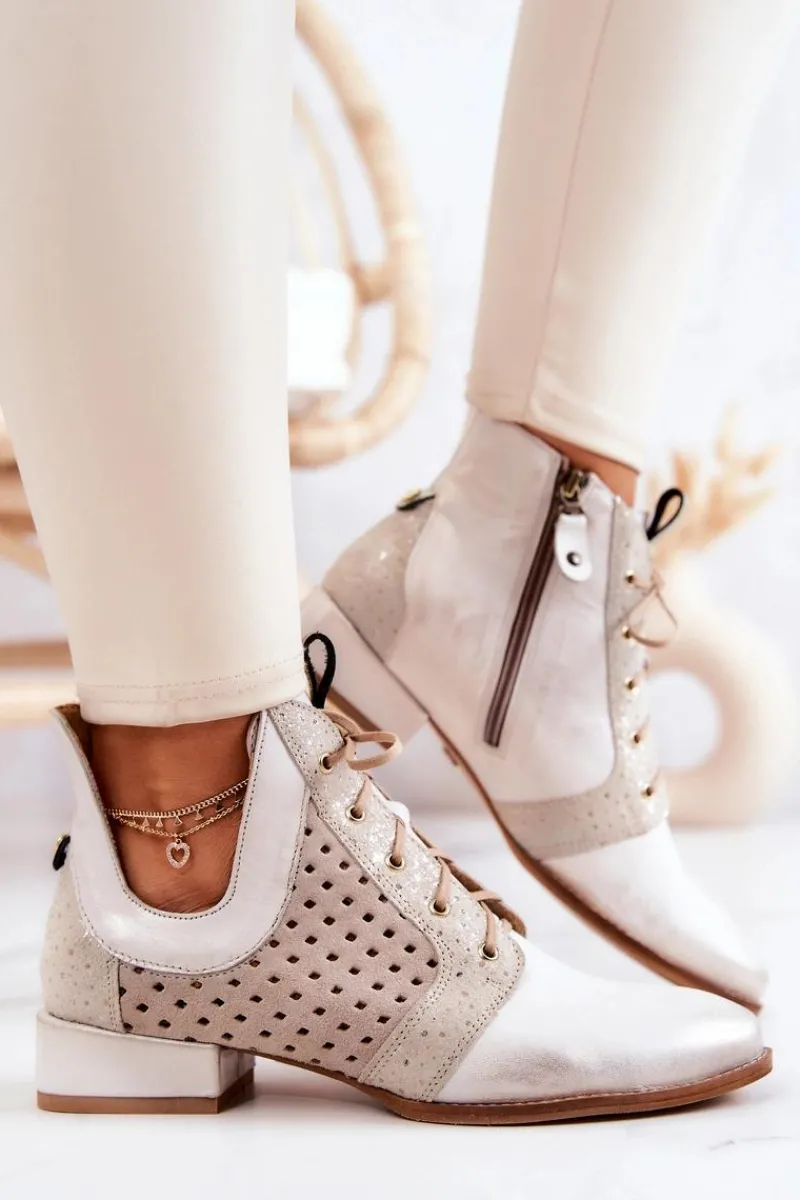 Sale Skórzane Botki Trzewiki 05541-25 Jasnobeżowe Damskie Botki Wiosenne|Botki Maciejka