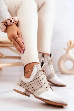 Sale Skórzane Botki Trzewiki 05541-25 Jasnobeżowe Damskie Botki Wiosenne|Botki Maciejka