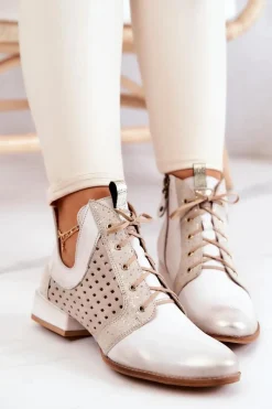 Sale Skórzane Botki Trzewiki 05541-25 Jasnobeżowe Damskie Botki Wiosenne|Botki Maciejka