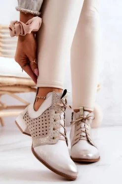Sale Skórzane Botki Trzewiki 05541-25 Jasnobeżowe Damskie Botki Wiosenne|Botki Maciejka