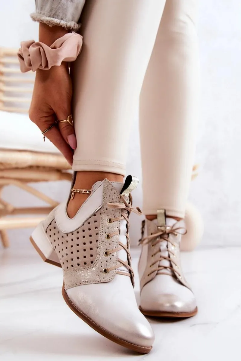 Sale Skórzane Botki Trzewiki 05541-25 Jasnobeżowe Damskie Botki Wiosenne|Botki Maciejka