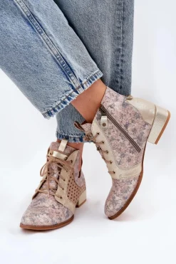 Botki Wiosenne|Botki Maciejka>Maciejka Skórzane Botki Trzewiki 05541-04 Beżowo-Złote