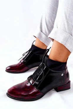 Discount Maciejka Skórzane Botki Trzewiki Marmurki Bordowe 04744-29