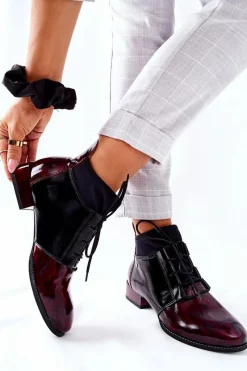 Discount Maciejka Skórzane Botki Trzewiki Marmurki Bordowe 04744-29