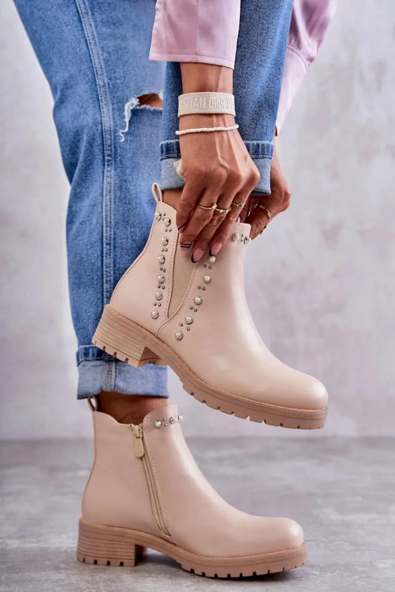 Discount Boto Skórzane Botki Workery Beżowe Ferra