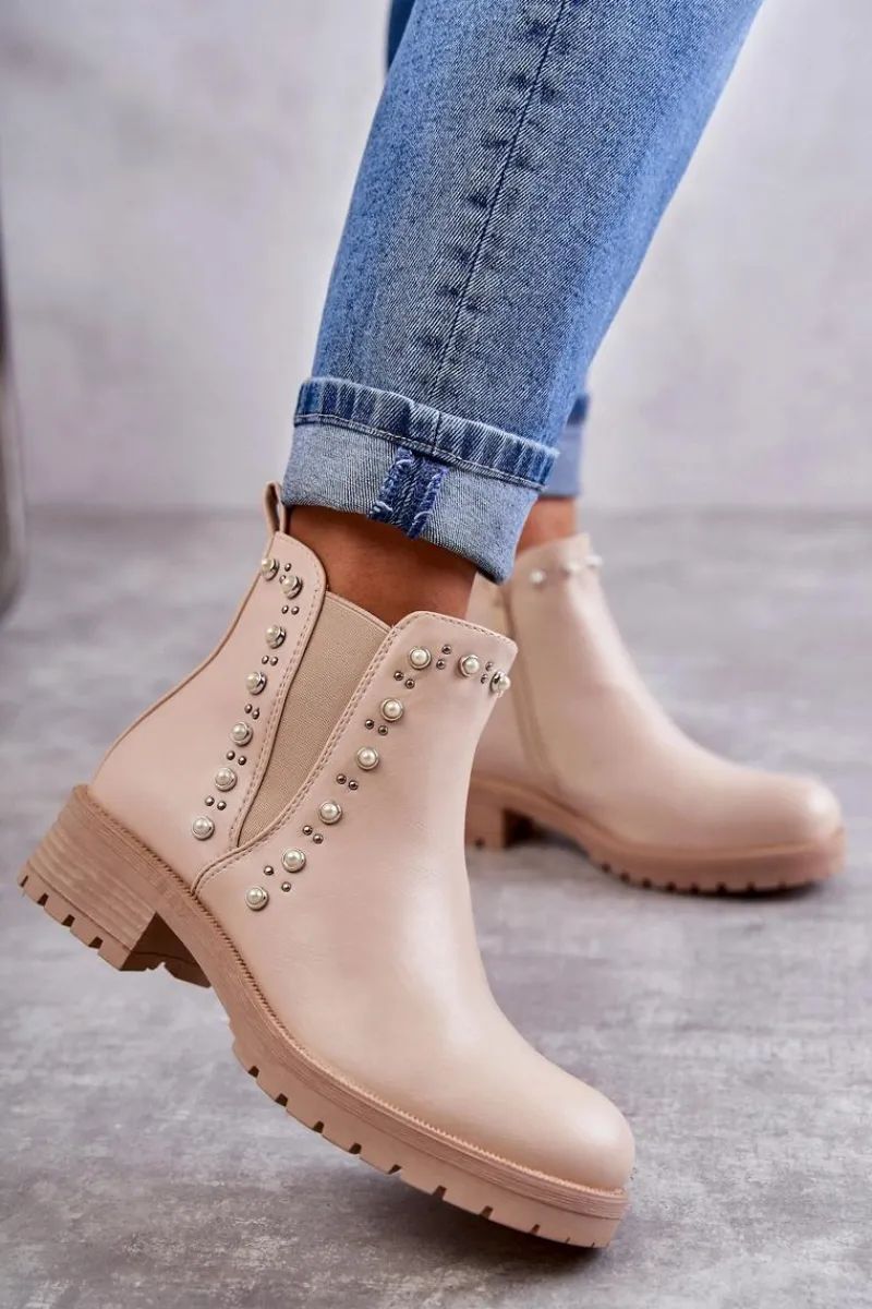 Discount Boto Skórzane Botki Workery Beżowe Ferra