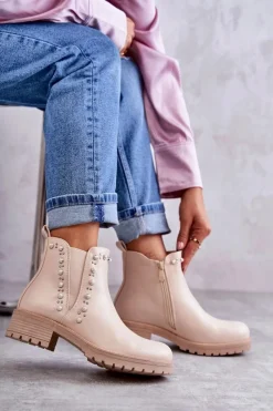 Discount Boto Skórzane Botki Workery Beżowe Ferra